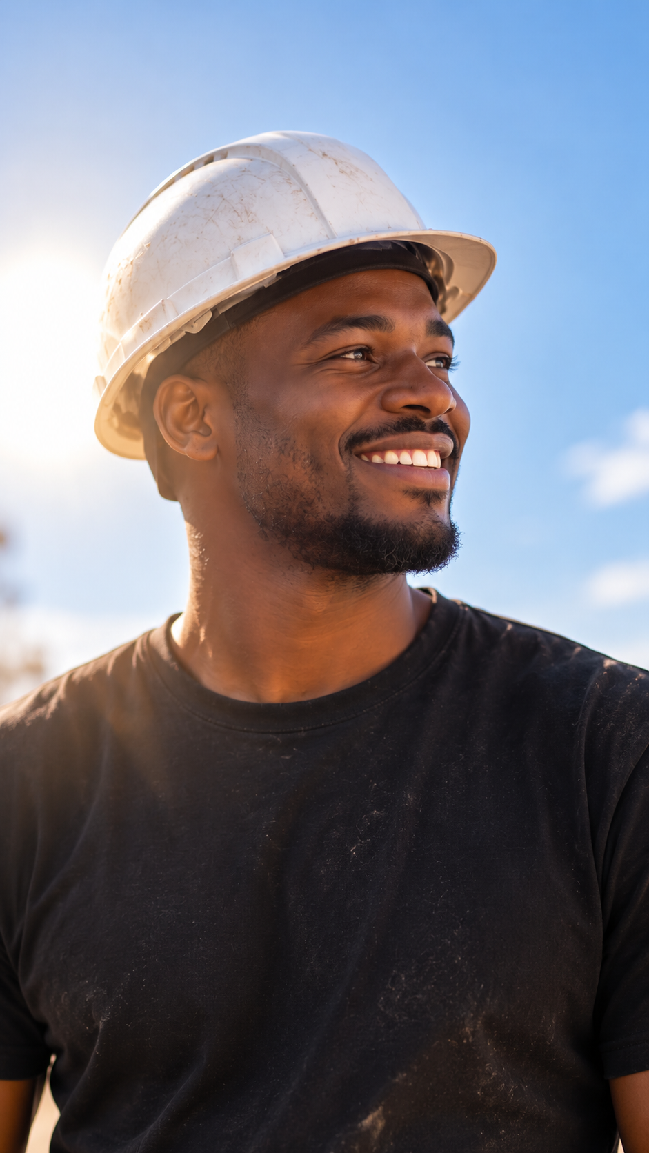 Un technicien EEH21 souriant sous son casque de chantier